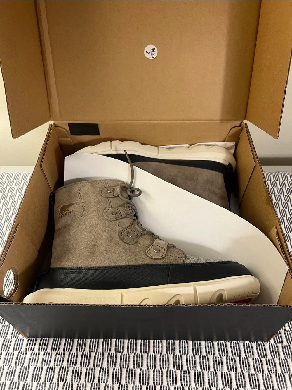 Sorel Taupe Suede and Grey Wool Lace-Up Winter Boots